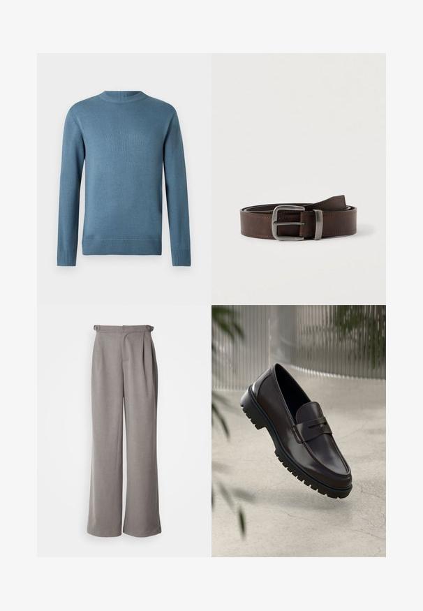 Pull en tricot à manches longues bleu avec col rond et finitions côtelées aux poignets, au col et à l'ourlet, présenté sur un fond blanc uni.; Pantalons larges gris clair en tissu tissé. Comprend des plis à la taille et des passants pour ceinture. Texture lisse et design à longueur complète.; Mocassins en cuir marron avec une semelle en caoutchouc texturée et striée. Présente un design épuré et une sangle décorative sur le cou-de-pied.; Ceinture en cuir marron foncé avec une boucle rectangulaire en argent, enroulée et placée sur un fond clair et neutre.