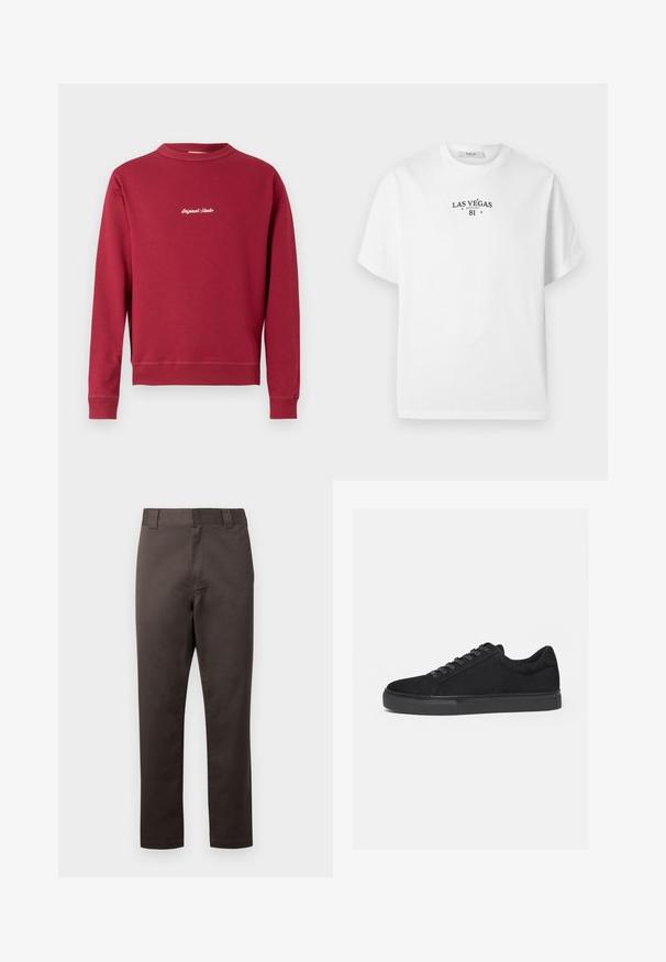 Burgunderfarbener Sweatshirt aus Baumwollmischung mit Rundhalsausschnitt, gerippten Bündchen und Saum. Auf der Vorderseite befindet sich der weiße gestickte Text "Original Studio".; Weißes T-Shirt mit kurzen Ärmeln und dem schwarzen Aufdruck "Las Vegas Replay 81" auf der Brust, Rundhalsausschnitt, schlichtes Design.; Braune Baumwoll-Chinos mit geradem Bein, Vorderseiten-Taschen, Gürtelschlaufen und glatter Textur. Keine sichtbaren Muster oder Akzente.; Schwarzer Low-Top-Sneaker mit Schnürung vorne und flacher Gummisohle, seitlich auf weißem Hintergrund dargestellt.