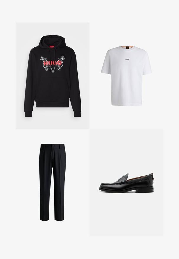 Sort hættetrøje med et stort grafisk motiv af to hunde og mærkenavnet "HUGO" i rødt. Har en frontlomme og snøre i hætten.; Hvid bomuld T-shirt med korte ærmer, med et sort "BOSS" logo centreret på brystet og en rund halsudskæring.; Sorte bukser lavet af glat stof, med lige ben-design, plisseringer foran og knaplukning med bæltestropper.; Sort læder herre loafer med moc-tå syning, penny strop, struktureret krave og lav stablet hæl på hvid baggrund.