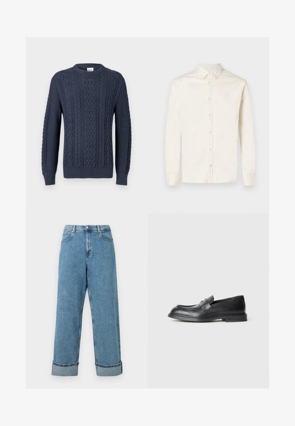 Pull en maille torsadée bleu marine avec un col rond, des poignets et un ourlet côtelés, présentant un motif texturé et un design tissé.; Chemise à manches longues blanc cassé pour homme, avec col pointu et logo subtil brodé sur la poitrine gauche.; Jeans en denim bleu taille haute avec des jambes larges et des ourlets retroussés, dotés de poches avant et de passants de ceinture.; Mocassins en cuir noir avec une finition texturée, dotés d'une bride décorative à l'avant et d'un bout arrondi. Semelle en caoutchouc pour plus de durabilité.