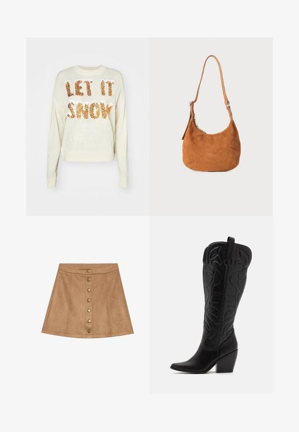 Pull crème avec le texte "LAISSEZ NEIGER" en sequins dorés étincelants, doté d'un col rond et de poignets et d'un ourlet côtelés.; Mini-jupe en daim beige avec un design évasé, dotée d'une fermeture à bouton à l'avant avec des accessoires en laiton et des détails brodés.; Bottes hautes en cuir noir jusqu'aux genoux avec bout pointu et talon empilé. Caractéristiques de coutures décoratives et éléments de design courbés.; Sac à main en daim beige avec un design incurvé, une bandoulière ajustable, une fermeture éclair en métal et un détail de logo embossé à l'avant.