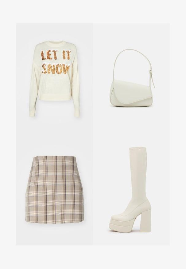Creme sweater med teksten "LAD DET SNØE" i funklende guld-perler, med rund halsudskæring og ribbede manchetter og nederkant.; Even&Odd Mini skirts - beige; Steve Madden CYPRESS - Plateaustøvler - off white; Hvid taske i faux læder med en struktureret trekantet form, enkelt justerbart skulderstrop og en flaplås med kurver.
