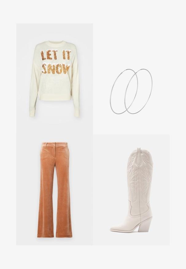 Suéter crema con el texto "QUE NIEVE" en brillantes lentejuelas doradas, con cuello redondo y puños y dobladillo de canalé.; Pantalones de pierna ancha de tiro alto en suave tejido de terciopelo, color caramelo cálido, con presillas para el cinturón y cierre frontal oculto.; Bota vaquera de cuero blanco con punta afilada y tacón bloqueado. Presenta patrones de costura intrincados en el caña y una textura suave.; Pendientes de aro plateados con un diseño minimalista. Forma circular, textura suave y perfil delgado. Livianos con un acabado pulido.