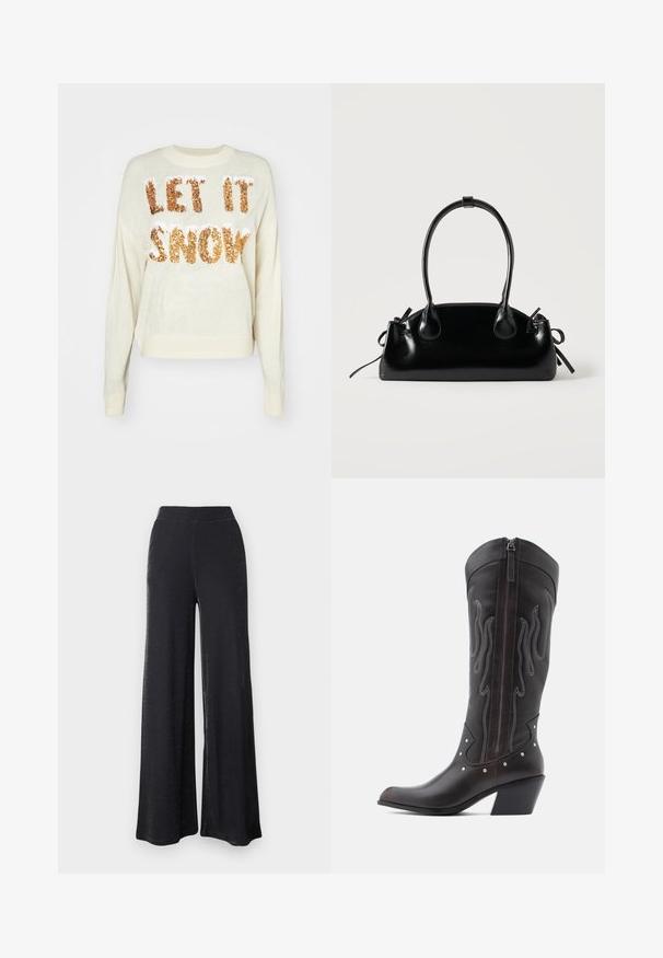 Suéter crema con el texto "QUE NIEVE" en brillantes lentejuelas doradas, con cuello redondo y puños y dobladillo de canalé.; Pantalones anchos negros hechos de un material suave y elástico con un brillo sutil, que cuentan con una cinturilla elástica y un ajuste holgado.; Botas de cowboy de cuero marrón con costuras en forma de llama, cremallera lateral, tachuelas plateadas, punta puntiaguda y tacón apilado.; Pequeño bolso negro brillante con dos asas largas y detalles de cordón lateral sobre un fondo claro liso.