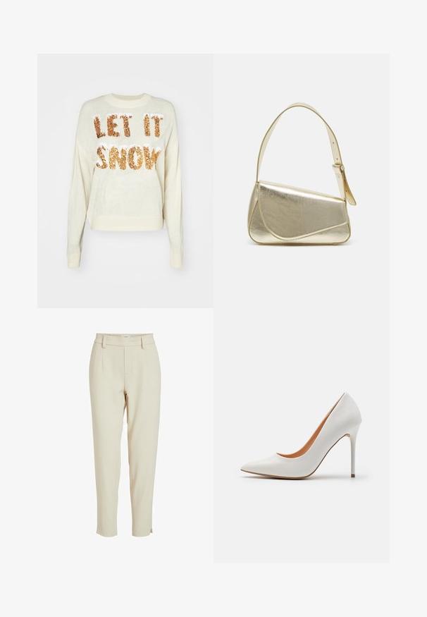 Pull crème avec le texte "LAISSEZ NEIGER" en sequins dorés étincelants, doté d'un col rond et de poignets et d'un ourlet côtelés.; Pantalon beige ajusté avec une taille élastique, des poches latérales et une jambe fuselée avec un ourlet à revers. Tissu lisse et léger.; Pompe à talon aigu en cuir verni blanc avec un bout pointu et une fine talon stiletto, présentant une texture lisse et un intérieur beige.; Sac à main en métal doré avec un design structuré, texture lisse et bandoulière ajustable. Présente une forme triangulaire unique et des coutures minimalistes.
