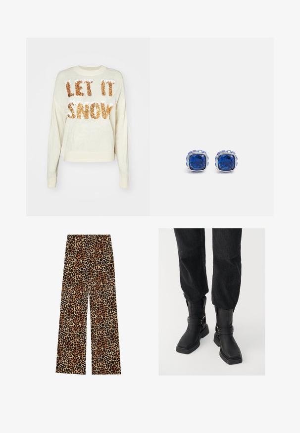 Creme sweater med teksten "LAD DET SNØE" i funklende guld-perler, med rund halsudskæring og ribbede manchetter og nederkant.; Leopardprint brede bukser i blødt stof med en blanding af brune, sorte og cremede farver, designet til en afslappet pasform.; Sorte læder ankelstøvler med firkantet tå, der har en bred rem og metallisk spænde detalje. Støvlerne har en chunky sål og en glat overflade.; Blå juveler i form af stud øreringe, sat i en sølvfarvet metal, med firkantet form, der har en facetteret overflade og en poleret finish.