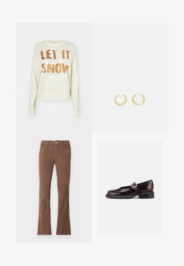 Pull crème avec le texte "LAISSEZ NEIGER" en sequins dorés étincelants, doté d'un col rond et de poignets et d'un ourlet côtelés.; Pantalon en velours côtelé marron avec fermeture par bouton et fermeture éclair, style cinq poches, jambes légèrement évasées.; Chaussure Mary Jane unique brillante couleur bordeaux foncé avec une large bride et une boucle argentée, talon bloc bas et bout arrondi sur fond blanc.; Boucles d'oreilles en or en forme de créole avec une surface texturée et irrégulière. Présentent un design léger et une forme circulaire, adaptées à un port quotidien.