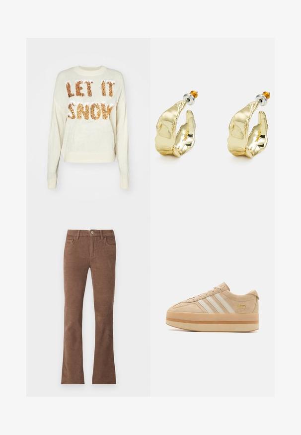Creme sweater med teksten "LAD DET SNØE" i funklende guld-perler, med rund halsudskæring og ribbede manchetter og nederkant.; Brune kordbuksbukser med knap og lynlås, fem-lomme stil og let udvidede ben.; Beige ruskindsplatform sneakers med hvide tre striber, rund tå og beige gummisål med en guld logo accent på siden.; Guldtonede øreringe formet som abstrakte hænder, med en skinnende overflade, intrikate detaljer og en sølv- og guldfarvet post til sikker fastgørelse.