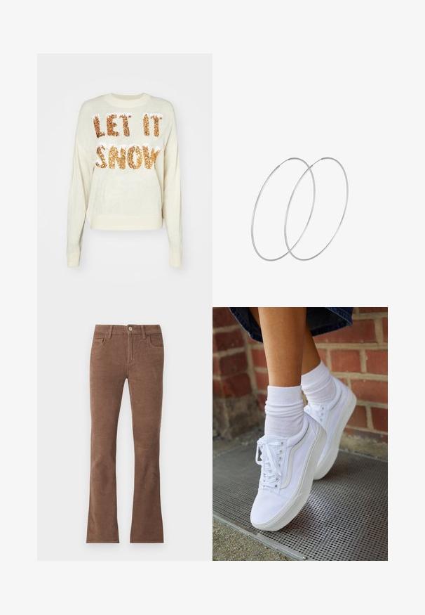Creme sweater med teksten "LAD DET SNØE" i funklende guld-perler, med rund halsudskæring og ribbede manchetter og nederkant.; Brune kordbuksbukser med knap og lynlås, fem-lomme stil og let udvidede ben.; Hvide lærreds sneakers med gummisåler, der har seks snørehuller, rund tå og let sømdetaljer, krydret med hvide ankelstrømper.; Sølvøreringe med et minimalistisk design. Cirkulær form, glat tekstur og tynd profil. Letvægtige med en poleret overflade.