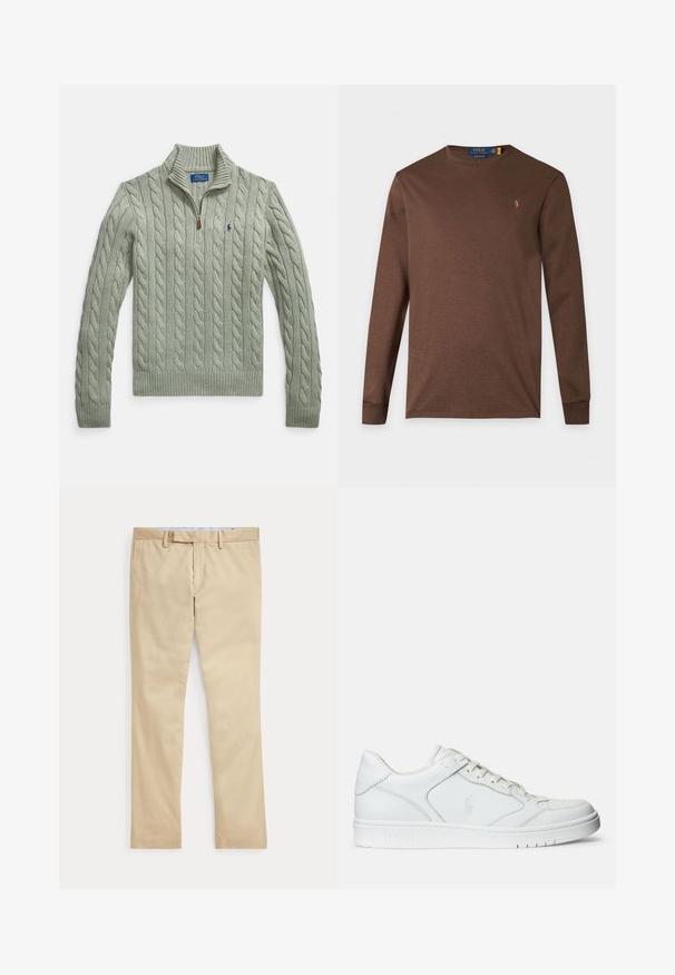 Lichtgroene kabelgebreide trui met een ritssluiting bij de kraag, geribde manchetten en zoom. Heeft een klein logo in marineblauw op de borst.; Bruine Polo Ralph Lauren shirt met lange mouwen, een ronde halslijn en een klein geborduurd logo op de linkerborst.; Beige broek met rechte pijpen, ceintuurlussen en een voorrits, plat gelegd tegen een witte achtergrond.; Witte leren sneaker met een gladde textuur, voorzien van een geperforeerde neus, vetersluiting en geborduurde logo aan de zijkant. Witte rubberen zool.