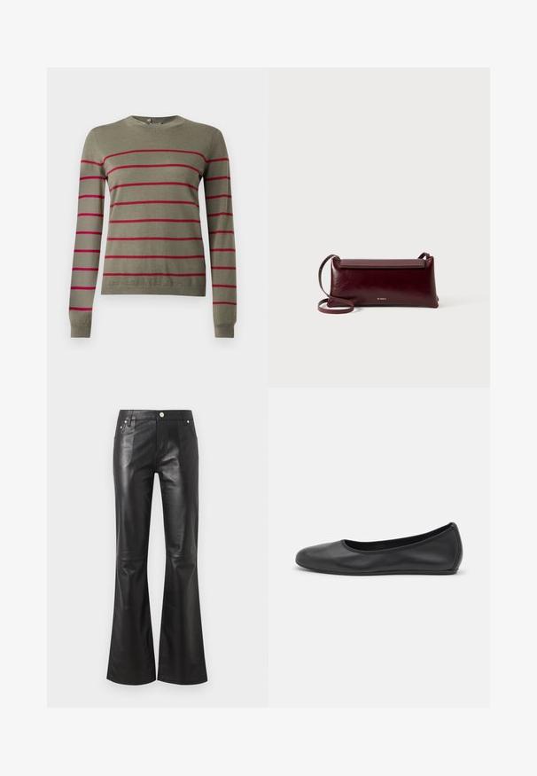 Pull vert olive à manches longues, col rond, avec des rayures horizontales rouges. Texture lisse, coupe ajustée, et poignets côtelés.; Pantalon taille haute en simili cuir noir avec jambes évasées, fermeture devant par bouton et fermeture éclair, poches devant et derrière.; Ballerines en cuir noir avec un bout rond, texture lisse, détails de couture minimalistes et design de semelle flexible.; Sac à bandoulière en cuir bordeaux avec une texture lisse, de forme rectangulaire, fermeture à rabat et une fine sangle réglable. Détail du logo doré visible.