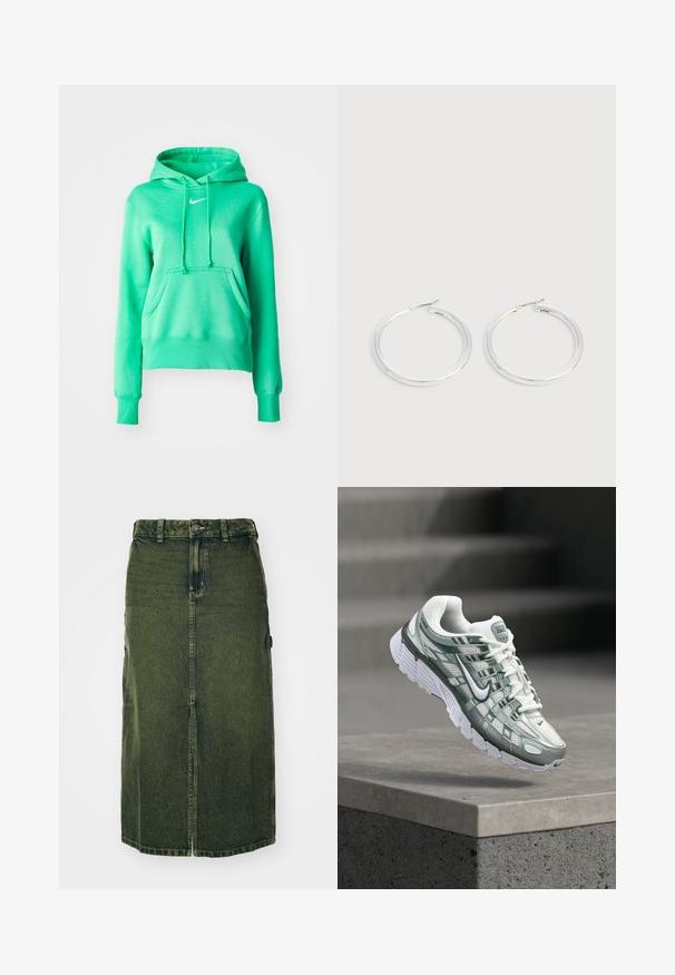 Πράσινη hoodie φτιαγμένη από μαλακό ύφασμα, με μπροστινή τσέπη, κουκούλα με κορδόνι, ribbed μανσέτες και ένα μικρό λευκό λογότυπο στο στήθος.; Πράσινη τζιν φούστα σε μεσαίο μήκος, με μπροστινή σχισμή, κλείσιμο με κουμπί και θηλιές για ζώνη. Η υφή της είναι ελαφρώς ξεθωριασμένη, με πλάγιες τσέπες.; Λευκό και γκρι παπούτσι Nike για τρέξιμο με μαλακή σόλα, αιωρούμενο πάνω από μια τσιμεντένια άκρη με φόντο θολό γκρι.; Ζεύγος λαμπερών ασημένιων κρίκων με λεπτές σύρμα σφραγίδες, παρουσιασμένα σε ανοιχτό γκρι φόντο.