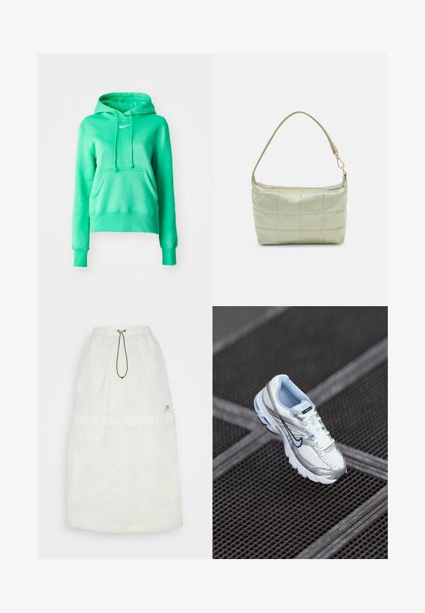 Πράσινη hoodie φτιαγμένη από μαλακό ύφασμα, με μπροστινή τσέπη, κουκούλα με κορδόνι, ribbed μανσέτες και ένα μικρό λευκό λογότυπο στο στήθος.; Μακριά λευκή φούστα από ελαφρύ υλικό. Διαθέτει ελαστική μέση, κορδόνι και ένα μικρό μπλε λογότυπο Nike στο κάτω δεξί μέρος.; Λευκό αθλητικό παπούτσι από διχτυωτό υλικό με ασημένιες λεπτομέρειες, ανοιχτό μπλε ραφή και μαύρο λογότυπο Swoosh. Διαθέτει επενδεδυμένο κολάρο και υφή στη σόλα.; Πληρωμένη πράσινη τσάντα ώμου με μαλακή υφή, ορθογώνιο σχήμα, μονή ιμάντα και χρυσή φερμουάρ κλείσιμο. Διαθέτει ραμμένο σχέδιο.