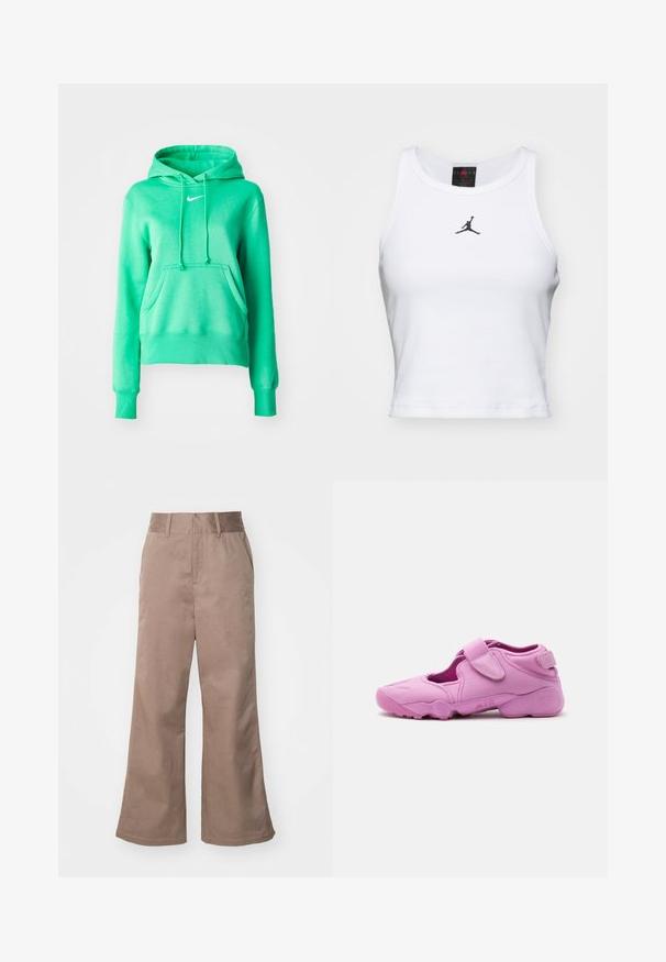 Πράσινη hoodie φτιαγμένη από μαλακό ύφασμα, με μπροστινή τσέπη, κουκούλα με κορδόνι, ribbed μανσέτες και ένα μικρό λευκό λογότυπο στο στήθος.; Λευκό κροπ τοπ από βαμβάκι με ριγέ υφή. Διαθέτει μαύρο λογότυπο Jordan στο κέντρο και κλασικό στρογγυλό λαιμό.; Καφέ βαμβακερά παντελόνια σε φαρδιά γραμμή με ψηλή μέση, μπροστινές τσέπες και λεία υφή. Το τελείωμα είναι ελαφρώς φαρδύ.; Ροζ αθλητικό παπούτσι με κομμένες πλευρές, ρυθμιζόμενο ιμάντα Velcro στην κορυφή και παχιά σόλα με την ένδειξη "AIR" στο πλάι.