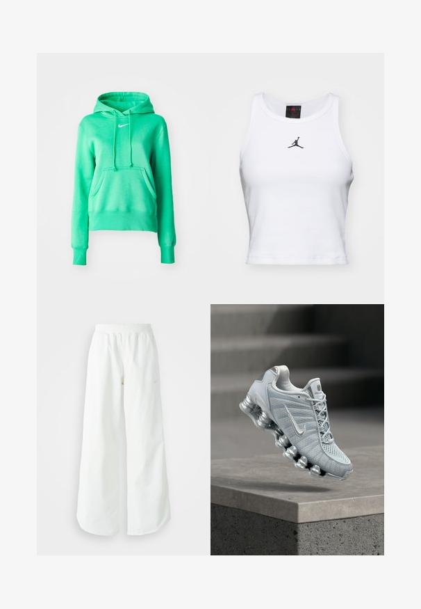 Πράσινη hoodie φτιαγμένη από μαλακό ύφασμα, με μπροστινή τσέπη, κουκούλα με κορδόνι, ribbed μανσέτες και ένα μικρό λευκό λογότυπο στο στήθος.; Λευκό κροπ τοπ από βαμβάκι με ριγέ υφή. Διαθέτει μαύρο λογότυπο Jordan στο κέντρο και κλασικό στρογγυλό λαιμό.; Λευκό αθλητικό παντελόνι σε φαρδιά γραμμή με ραμμένο ζώνη και διακριτική λεπτομέρεια λογότυπου. Απαλή υφή με άνετη εφαρμογή και στενό στρίφωμα.; Ανοιχτό γκρι παπούτσι τρεξίματος Nike με μαλακή, ελατηριώδη σόλα που αιωρείται πάνω από μια τσιμεντένια ακμή, φόντο με θολή σκάλα.