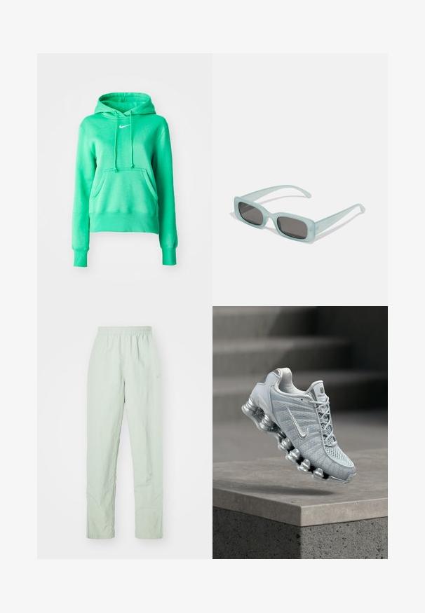 Πράσινη hoodie φτιαγμένη από μαλακό ύφασμα, με μπροστινή τσέπη, κουκούλα με κορδόνι, ribbed μανσέτες και ένα μικρό λευκό λογότυπο στο στήθος.; Ανοιχτό πράσινα, ελαφριά παντελόνια με ελαστική ζώνη. Σχεδίαση ίσιου ποδιού, με ελάχιστη υφή και διακριτική λεπτομέρεια λογότυπου.; Ανοιχτό γκρι παπούτσι τρεξίματος Nike με μαλακή, ελατηριώδη σόλα που αιωρείται πάνω από μια τσιμεντένια ακμή, φόντο με θολή σκάλα.; Ενα ζευγάρι ορθογώνια γυαλιά ηλίου με ανοιχτό μπλε ημιδιαφανείς σκελετούς και σκούρους γκρι φακούς, διαθέτοντας ίσιες βραχίονες και ελάχιστες λεπτομέρειες υλικών.