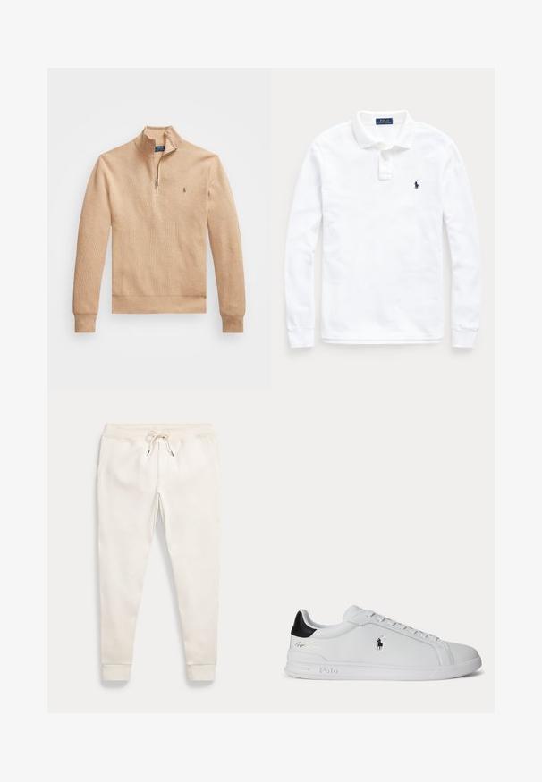 Beige pullover trui met een halve rits kraag, geribde manchetten en zoom, voorzien van een textuur stof en een klein logo op de linkerborst.; Wit poloshirt met lange mouwen, kraag, twee knoopsluiting en een klein marineblauw geborduurd paardenlogo op de linkerborst.; Witte joggingsbroek met trekkoord in de taille, zijzakken en omgeslagen enkels, plat gelegd op een witte achtergrond.; Witte lage sneaker met zwarte hieltab, veters en Polo Ralph Lauren-logo aan de zijkant, met gegraveerde zooldetails.