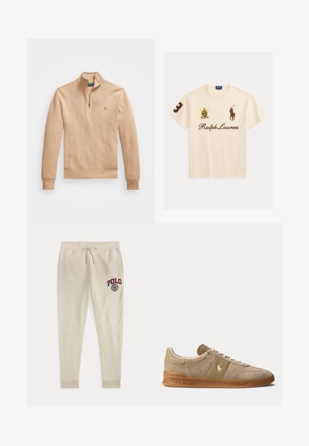 Beiger Pullover mit halb aufgezipptem Kragen, gerippten Bündchen und Saum. Das Material hat eine strukturierte Oberfläche und ein kleines Logo auf der linken Brust.; Cremefarbenes Ralph Lauren T-Shirt mit braunem Polo-Spieler-Logo, Nummer 3 am rechten Ärmel und Wappenemblem auf der linken Brust.; Beige Sweathose mit Kordelzug und Seitentaschen sowie rotem "POLO"-Logo und Emblem am oberen linken Oberschenkel.; Beiger Wildleder- und Leder-Low-Top-Sneaker mit Gummisohle, weißen Schnürsenkeln und Polo-Logo an der Seite und an der Sohle.