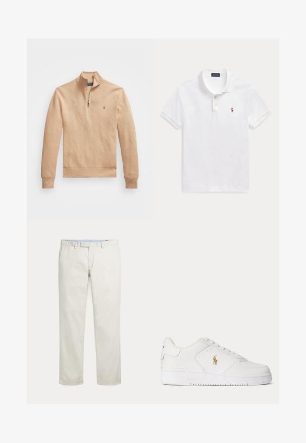 Beiger Pullover mit halb aufgezipptem Kragen, gerippten Bündchen und Saum. Das Material hat eine strukturierte Oberfläche und ein kleines Logo auf der linken Brust.; Weißes kurzärmeliges Polohemd mit Kragen, zwei Knöpfen und kleinem gesticktem Logo einer Person auf einem Pferd auf der Brust.; Cremefarbene gerade geschnittene Hosen mit Gürtelschlaufen und verdecktem vorne liegenden Verschluss auf einfarbigem Hintergrund.; Weißer Leder-Sneaker mit niedrigem Schnitt, weißen Schnürsenkeln und einem goldfarbenen Polo Ralph Lauren-Logo an der Seite sowie "Polo" auf der Sohle geprägt.