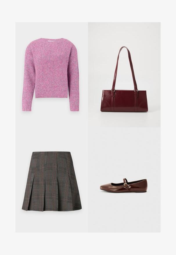 Suéter de punto de manga larga en una mezcla de hilo rosa y lavanda, con cuello, puños y dobladillo acanalados.; Falda de cuadros gris con pliegues, con intrincados patrones en blanco y negro, acentuados por delgadas líneas rojas. Está hecha de una tela estructurada.; Bailarina de charol marrón con punta cuadrada y tira que presenta una pequeña hebilla dorada. Textura suave, tacón bajo y diseño minimalista.; Bolso burdeos hecho de material brillante, de forma rectangular, con dos asas para el hombro y sutiles acentos curvados en la parte frontal.