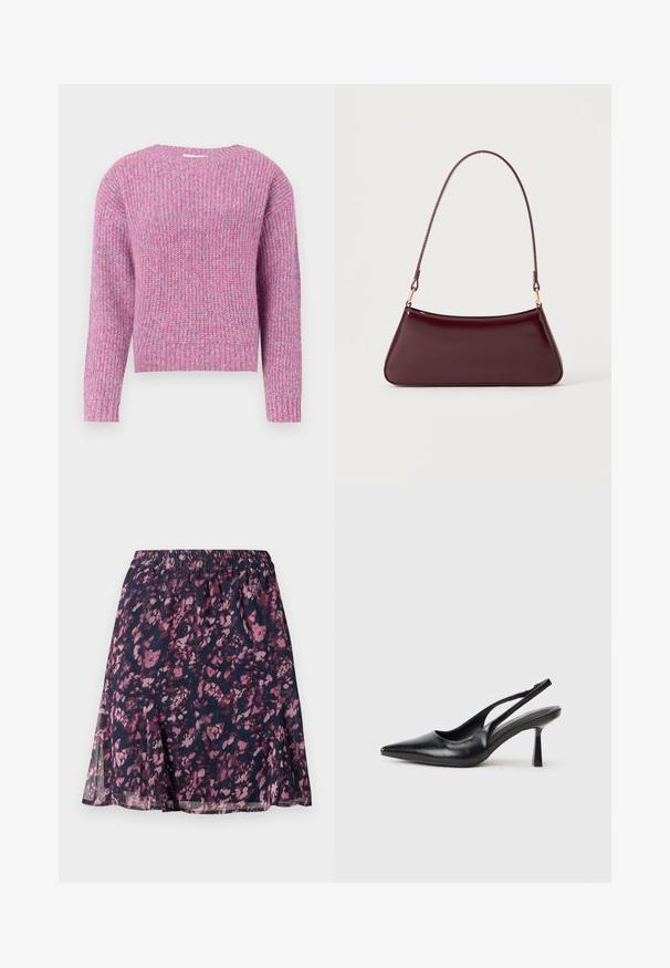 Pull en tricot à manches longues en fil mélangé rose et lavande, avec un col, des poignets et un ourlet côtelés.; Jupe marine avec taille élastique, ornée d'un motif floral abstrait rose et violet et d'un ourlet légèrement évasé.; Chaussure à talon haut en cuir noir, à bride arrière, avec un bout pointu et un talon fin sur fond blanc.; Sac à main brillant bordeaux foncé avec une anse fine unique et une forme trapézoïdale élégante sur un fond clair uni.