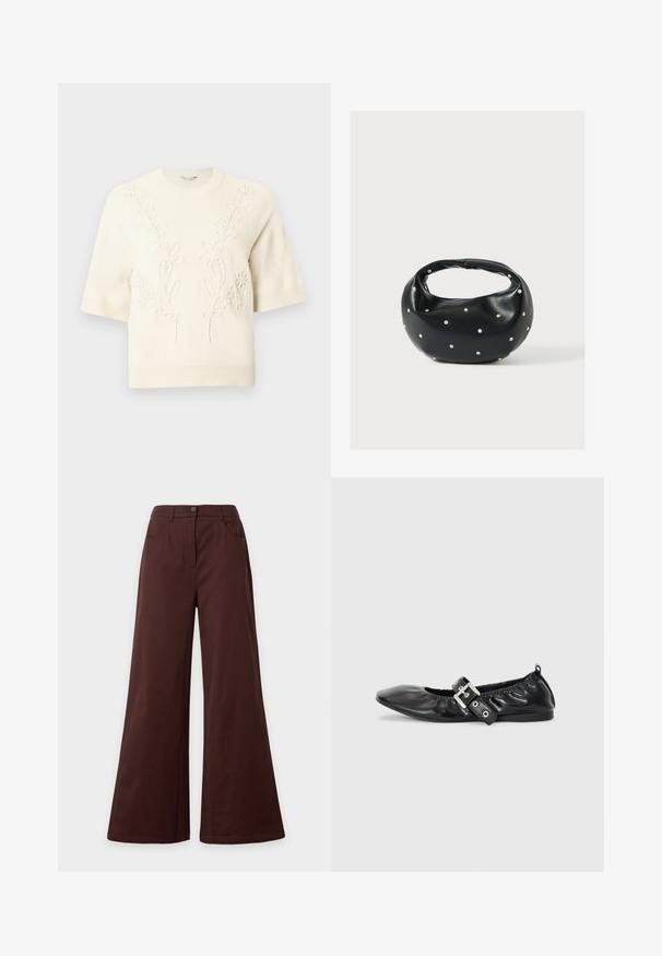Pull tricot à manches courtes de couleur crème avec ourlets côtelés et broderie florale subtile en relief sur le devant et les épaules.; Pantalon marron à jambes larges avec bouton à l'avant et poches, présenté sur un fond clair uni.; Chaussure plate en cuir noir avec un nez pointu, des détails froncés autour de l'ouverture et un accent en boucle argentée sur la bride ajustable.; Sac à main en cuir noir de forme arrondie, décoré de clous argentés et équipé d'une poignée courte. Texture lisse et fermeture éclair.