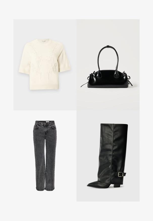 Pull tricot à manches courtes de couleur crème avec ourlets côtelés et broderie florale subtile en relief sur le devant et les épaules.; Jeans en denim noir au design droit, avec poches avant, passants de ceinture et une texture légèrement délavée.; Bottes noires en cuir longueur cheville avec un bout pointu, texture lisse et une accent en boucle argentée sur le côté. Talon carré épais.; Petit sac à main noir brillant avec deux longues anses et des détails à cordon sur les côtés sur un fond clair uni.