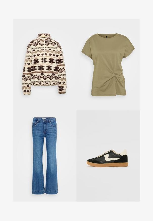 Fleece pullover in crème met donkerbruin en taupe geometrische patronen, hoge kraag, halve ritssluiting aan de voorkant en elastische manchetten en zoom.; Olijfgroene T-shirt met korte mouwen, gemaakt van zachte katoen, met een gedraaide knoopdetail aan de zijkant en een geribde ronde halslijn.; Gina Tricot Tall SCANDI - Bootcut jeans - blue; Zwarte suède en leren sneaker met een crèmekleurige zij-swoosh en lichte crèmekleurige hiel. Voorzien van beige veters en een gumrubberen zool.
