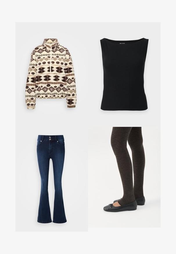 Fleece-pullover i creme med mørkebrune og taupe geometriske mønstre, høj krave, halv lynlås foran og elastiske manchetter og kant.; Sort ærmeløs top lavet af ribstrikket stof med en bred halsudskæring og en tætsiddende silhuet. Simpelt design uden mønstre eller detaljer.; Mørkeblå, flare jeans med høj talje, der har lukning med dobbelt knap, fem lommer og en glat denimtekstur.; Ben iført mørke ribbede leggings kombineret med sorte balletsko med små sløjfedetaljer på hvid baggrund.