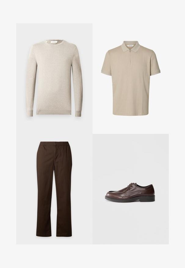Pull beige à manches longues avec col rond, poignets et ourlet côtelés, présenté sur un fond clair uni.; Polo beige à manches courtes avec une texture côtelée verticale et une courte fermeture éclair devant sous le col.; Pantalon marron droit avec taille élastique et sans poches visibles, présenté sur un fond clair uni.; Chaussure habillée en cuir marron avec un bout arrondi, des accents de couture minimum, et une semelle noire robuste. Présente un système de laçage et une texture lisse.