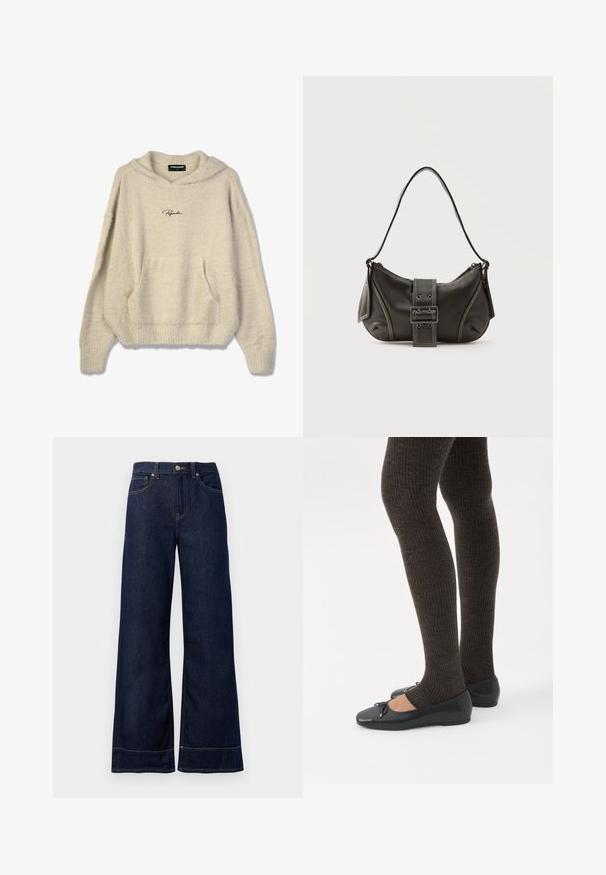 Fuzzy beige hoodie med en frontlomme, ribbede manchetter og hætte med snor. Har "Pegador" logo i sort på brystet.; Mørkeblå brede jeans lavet af denim. Har en knaplukning, stikninger og sidelommer. Udfoldet nederste kant.; Ben iført mørke ribbede leggings kombineret med sorte balletsko med små sløjfedetaljer på hvid baggrund.; Sort læder skuldertaske med spænde på remmen, afrundede kanter og kontrasterende hvide syninger på en ensfarvet baggrund.