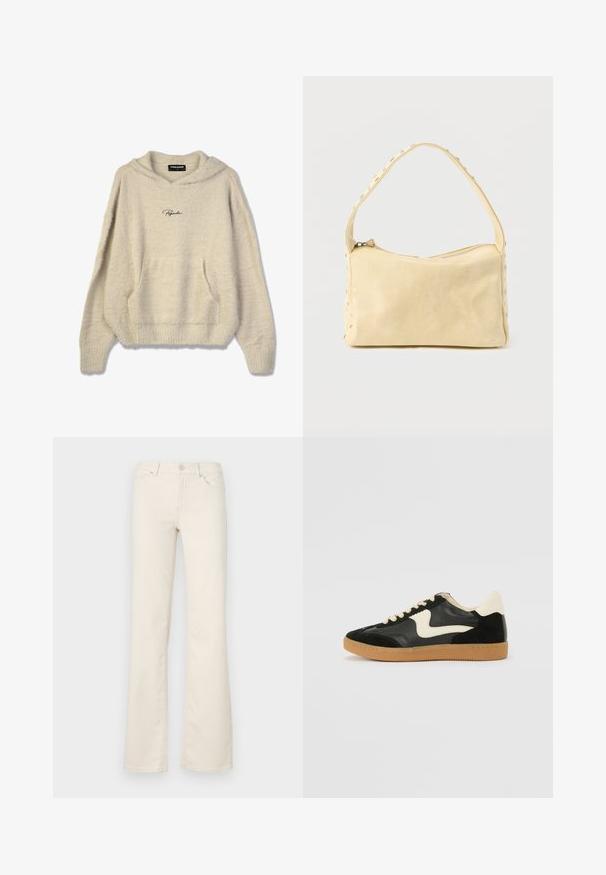 Haut en peluche beige avec une poche avant, des poignets côtelés et une capuche à cordon. Présente le logo "Pegador" en noir sur la poitrine.; Pantalons beiges évasés en mélange de coton, dotés de poches standard, d'une fermeture à bouton sur le devant et de détails de couture le long des coutures.; Baskets en daim et cuir noir avec un swoosh latéral crème et un talon crème clair. Dotées de lacets beige et d'une semelle en caoutchouc gomme.; Petit sac à main en cuir beige avec une seule bandoulière et des clous argentés le long des bords et de la bandoulière, posé sur un fond uni.