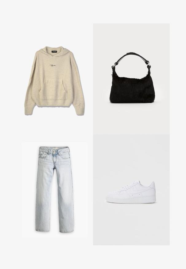 Fuzzy beige hoodie med en frontlomme, ribbede manchetter og hætte med snor. Har "Pegador" logo i sort på brystet.; Lyseblå denimjeans med en afslappet pasform, høj talje og fem-lomme design. Har syning detaljer og knaplukning.; Hvide Nike Air Force 1 sneakers med læderoverdel, rund tå, snørelukning, polstret krave og struktureret gummisål.; Sort faux fur håndtaske med en blød tekstur, rund form og en robust skulderrem i sort læder. Synlige sølvhardware-detaljer.
