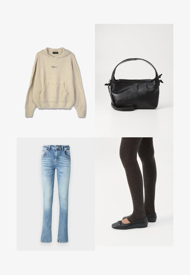 Haut en peluche beige avec une poche avant, des poignets côtelés et une capuche à cordon. Présente le logo "Pegador" en noir sur la poitrine.; Jean flare en denim bleu clair avec une taille mi-haute, cinq poches, coutures surpiquées et un léger délavage sur les cuisses pour un effet usé.; Jambes portant des leggings côtelés foncés associés à des ballerines noires avec de petits détails en nœud sur fond blanc.; Sac à main en cuir noir au design structuré, avec une poignée arrondie et une bandoulière amovible. Présente une texture lisse et un éclat subtil.