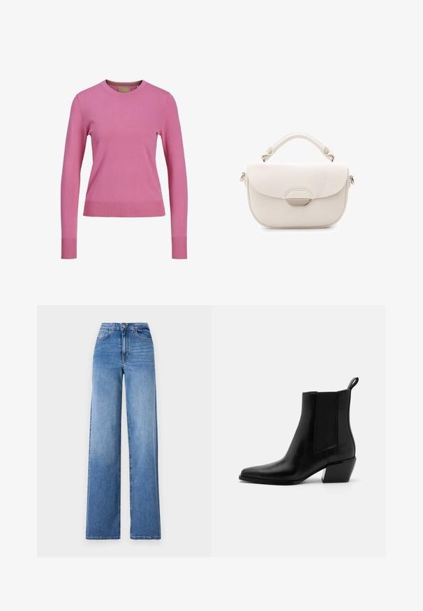Lange mouw roze trui met ronde hals en geribde mouwen en zoom, weergegeven tegen een witte achtergrond.; Lichtblauwe wijd uitlopende spijkerbroek van denim, met een hoge taille, voorkruiszakken en een standaard knoopsluiting. Gladde textuur.; Zwarte leren enkellaarzen met een spitse neus, elastische zijpanelen en een lage blokhak. Bevat een trekkoord aan de hiel voor gemakkelijk aan- en uittrekken.; Witte leren handtas met een ronde vorm, klep sluiting en een zilveren hardware-accent. Beschikt over een korte handgreep en een gladde textuur.