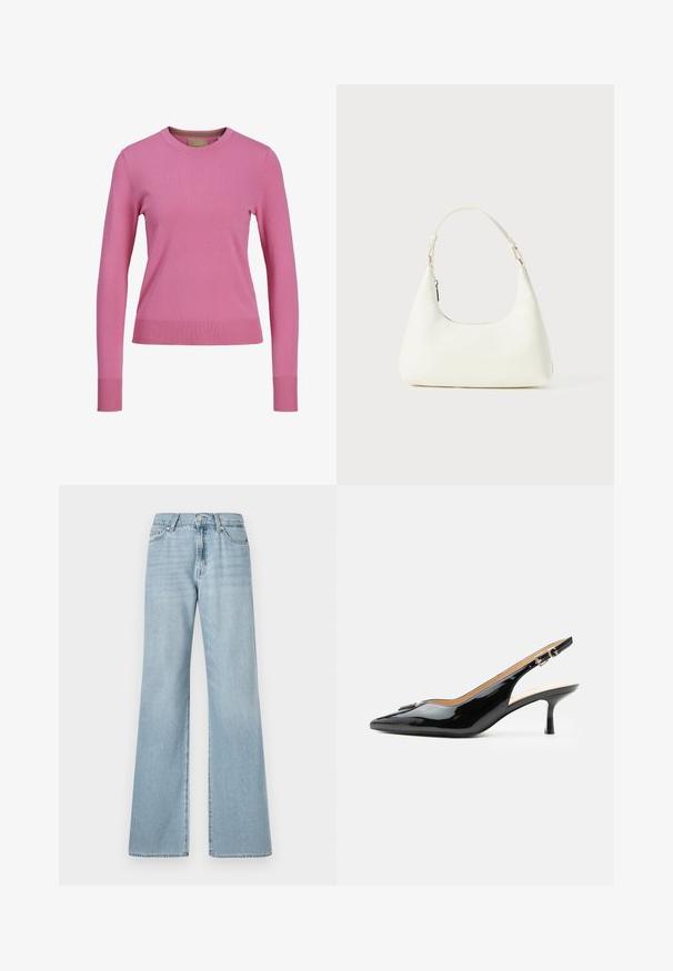 Pull en maille rose à manches longues avec des poignets et un ourlet côtelés, présenté sur un fond blanc.; Jean large bleu clair en denim, doté d'une taille haute, de poches avant et d'un léger délavage sur l'ensemble du tissu.; Escarpin slingback en cuir verni noir avec bout pointu, petit talon kitten et bride à boucle argentée sur fond blanc uni.; Petit sac blanc à épaule avec une seule bandoulière ajustable et une fermeture éclair, sur un fond blanc uni.
