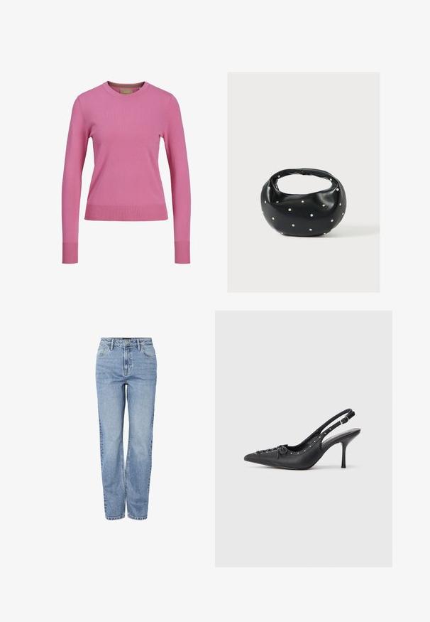 Langärmliger rosa Rundhals-Pullover mit gerippten Bündchen und Saum, vor einem weißen Hintergrund ausgestellt.; Hellblaue High-Waist-Jeans mit geradem Bein, Frontknopf, Reißverschluss, Gürtelschlaufen und einem Fünf-Taschen-Design.; Schwarzer Leder-Slingback-Stiletto mit spitzem Zehenaufsatz, seitlichem Schnallenriemen, Nieten entlang der Kante und dekorativer Schnürung vorne.; Schwarze Lederhandtasche mit abgerundeter Form, verziert mit silbernen Nietenakzenten und kurzem Griff. Glatte Struktur und Reißverschlussverschluss.
