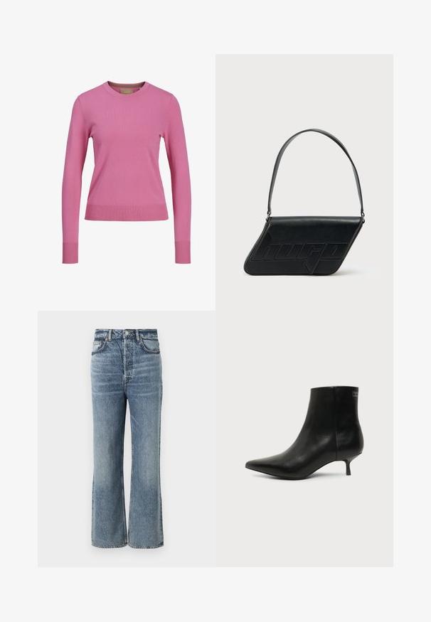 Langärmliger rosa Rundhals-Pullover mit gerippten Bündchen und Saum, vor einem weißen Hintergrund ausgestellt.; Helle blaue High-Waist-Jeans mit weitem Bein, versehen mit dezenten Auswaschungen, Fünf-Taschen-Design und Metallknopf-Details.; Schwarzer Leder-Knöchel-Stiefel mit spitzer Spitze und niedrigem Kittenabsatz vor hellem Hintergrund, seitliche Ansicht.; Schwarze Leder-Umhängetasche mit dreieckiger Form, geprägt mit Logo und einem einzigen verstellbaren Riemen. Minimalistisches Design mit glatter Textur.