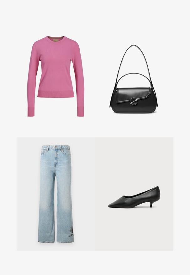 Langärmliger rosa Rundhals-Pullover mit gerippten Bündchen und Saum, vor einem weißen Hintergrund ausgestellt.; Helle blaue weit geschnittene Jeans aus Denim, mit einer verblassten Textur und floralem Stickdetail am linken unteren Bein.; Schwarzer Leder-Damenschuh mit niedrigem Absatz, spitzer Schuhspitze und kleinem Kittenabsatz auf schlichtem hellem Hintergrund.; Schwarze Lederschultertasche mit einer geschwungenen Klappe, die durch einen runden Metallverschluss gesichert ist, und einem schlanken, verstellbaren Riemen.