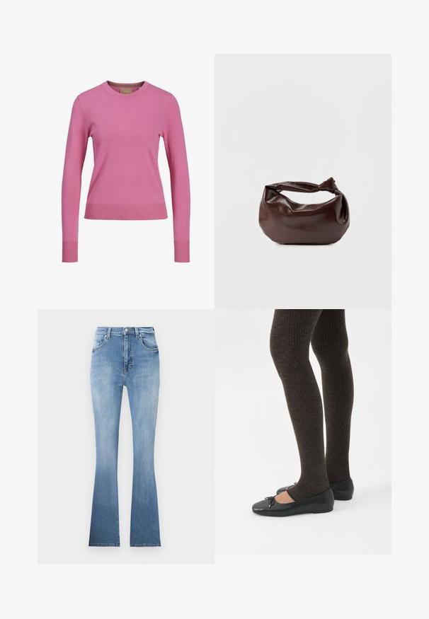 Lange mouw roze trui met ronde hals en geribde mouwen en zoom, weergegeven tegen een witte achtergrond.; Lichtblauwe flared jeans van denim, met een hoge taille, voorzakken en een subtiele vervaging naar de zoom. Kenmerkt zich door lichte stiksels.; Benen met donkere geribbelde leggings gecombineerd met zwarte ballerina's met kleine strikdetails op een witte achtergrond.; Donkerbruine leren schoudertas met een zachte, slungelige vorm en een gedraaide knoopvormige handgreep op een effen witte achtergrond.