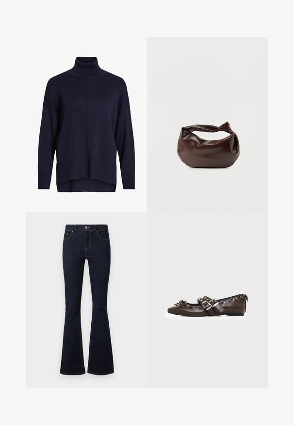 Navyblauwe coltrui met een ontspannen pasvorm, ribbels aan de mouwen en zoom, met een middelste naaddetail en een zachte textuur.; Donkerblauwe uitlopende jeans van denim, met een aansluitende taille, klassiek vijf-pocketontwerp en contrasterende stiksels langs de naden.; Donkerbruine leren platte schoen met puntige neus, dubbele zilveren gespsluitingen, metalen klinknagels en een decoratief strikje aan de voorkant.; Donkerbruine leren schoudertas met een zachte, slungelige vorm en een gedraaide knoopvormige handgreep op een effen witte achtergrond.