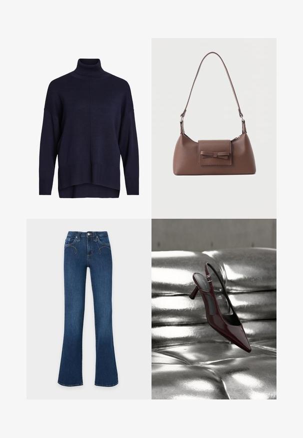Navyblauwe coltrui met een ontspannen pasvorm, ribbels aan de mouwen en zoom, met een middelste naaddetail en een zachte textuur.; Donkerblauwe denim jeans met een hoge taille, voorzijde met knoop en ritssluiting, en wijde pijpen.; Glanzende donkerrode slingback pumps met hoge hak en puntige neus, gepresenteerd op een glanzend zilveren, getuft leren oppervlak.; Bruine leren schoudertas met een voorvak met klep en een gestikte strikdetail en een verstelbare band.