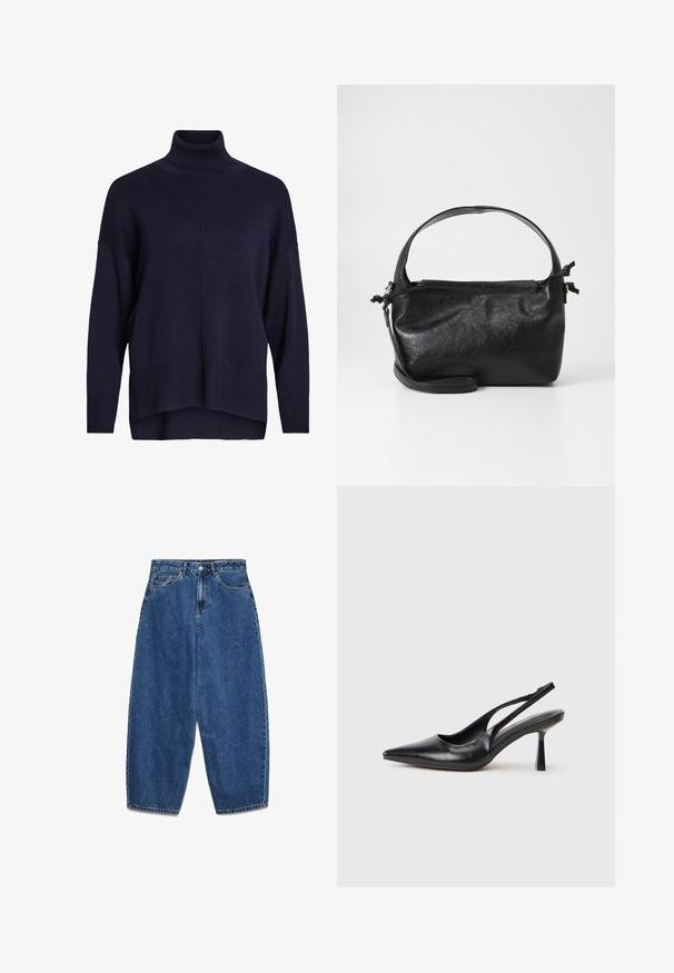 Pull à col roulé bleu marine avec une coupe décontractée, poignets et ourlet côtelés, présentant un détail de couture centrale et une texture douce.; Jean en denim bleu avec taille haute, coupe décontractée et jambes droites. Design classique à cinq poches avec fermeture éclair et bouton.; Chaussure à talon haut en cuir noir, à bride arrière, avec un bout pointu et un talon fin sur fond blanc.; Sac à main en cuir noir au design structuré, avec une poignée arrondie et une bandoulière amovible. Présente une texture lisse et un éclat subtil.