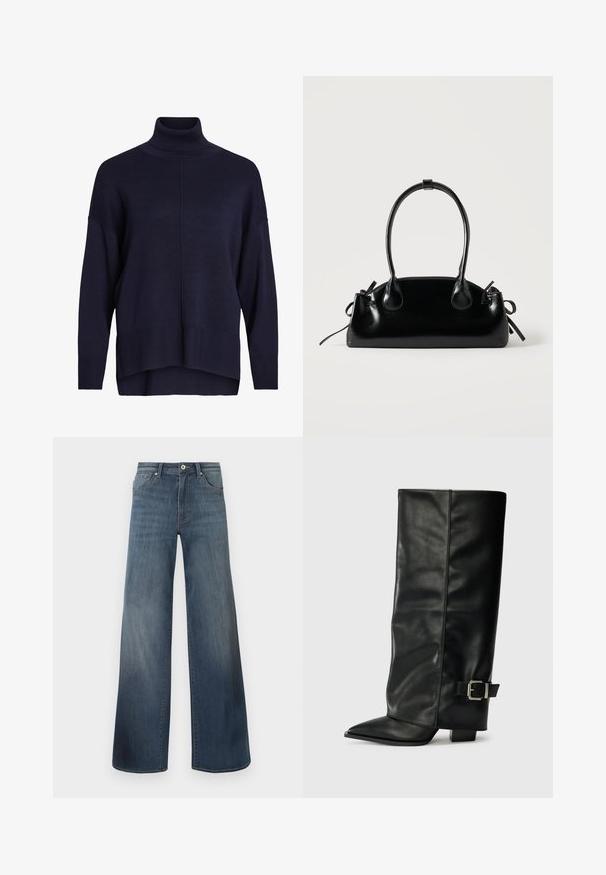 Navyblauwe coltrui met een ontspannen pasvorm, ribbels aan de mouwen en zoom, met een middelste naaddetail en een zachte textuur.; Brede denims met wijde pijpen in donkerblauw, met een verwasde afwerking, knoopsluiting en vijf-pocketstijl. Gladde textuur, minimale stikseldetails.; Zwarte leren enkellange laarzen met een spitse neus, een gladde textuur en een zilveren gesps Accent aan de zijkant. Stevige vierkante hak.; Kleine zwarte glanzende handtas met twee lange hengsels en zijkant trekkoord details op een effen lichte achtergrond.