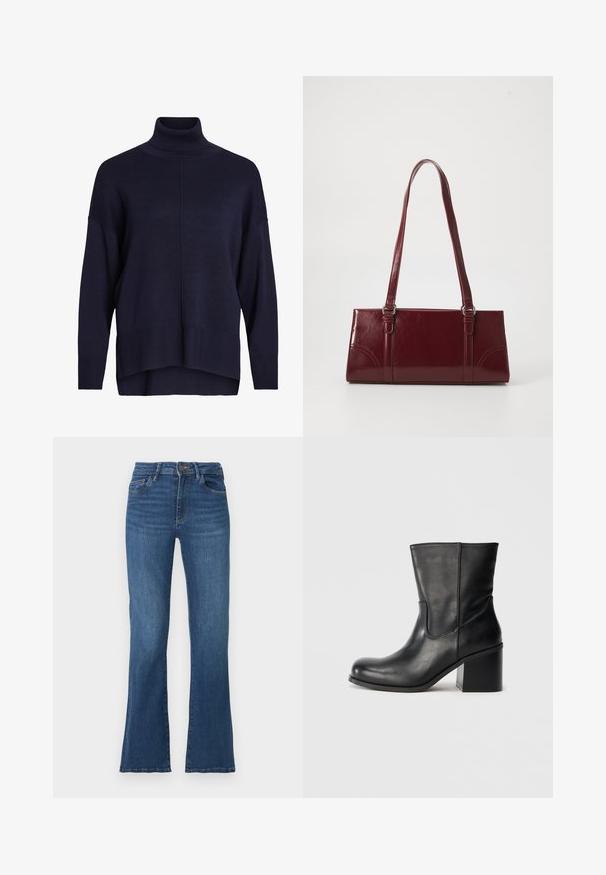 Navyblauwe coltrui met een ontspannen pasvorm, ribbels aan de mouwen en zoom, met een middelste naaddetail en een zachte textuur.; Uitlopende blauwe denim jeans met een hoge taille, vijf zakken en contrasterende stiksels. Voorzien van een knoop- en ritssluiting, met een licht versleten textuur.; Zwarte leren enkellaars met een afgeronde neus, zijkantnaaddetails en een chunky blokhak. Soepele textuur en minimalistisch ontwerp.; Bourgondische handtas van glanzend materiaal, rechthoekige vorm, met twee schouderbanden en subtiele gebogen accenten aan de voorkant.