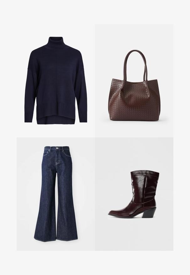 Navyblauwe coltrui met een ontspannen pasvorm, ribbels aan de mouwen en zoom, met een middelste naaddetail en een zachte textuur.; Donker denim flared jeans met een hoge taille, voorzien van een knoop- en ritssluiting. Witte stiksels en brede pijpen creëren een gestructureerd silhouet.; Bordeaux leren enkellaarsjes met een spitse neus, textuur op het oppervlak en een taps toelopende lage hak. Heeft subtiele stiksels en een strakke pasvorm.; Bruine gevlochten leren tote bag met twee handvatten, voorzien van een gestructureerde oppervlakte en een open ontwerp. Minimalistische vorm zonder extra hardware.