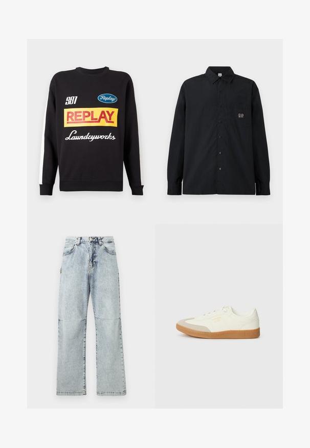 Sweat-shirt noir à col rond avec des rayures blanches sur les manches, présentant des logos de texte multicolores "Replay" et "Laundryworks" sur le devant.; Chemise noire à manches longues avec col et poche poitrine, présentant un petit patch logo "GAP".; Pantalon en denim bleu clair avec une coupe décontractée, texture délavée, cinq poches et une fermeture à bouton à la taille. Coutures plates et jambes larges.; Baskets en cuir blanc avec une coque beige et une semelle en caoutchouc marron clair. Dotées de lacets blancs plats et d'un logo embossé sur le côté.