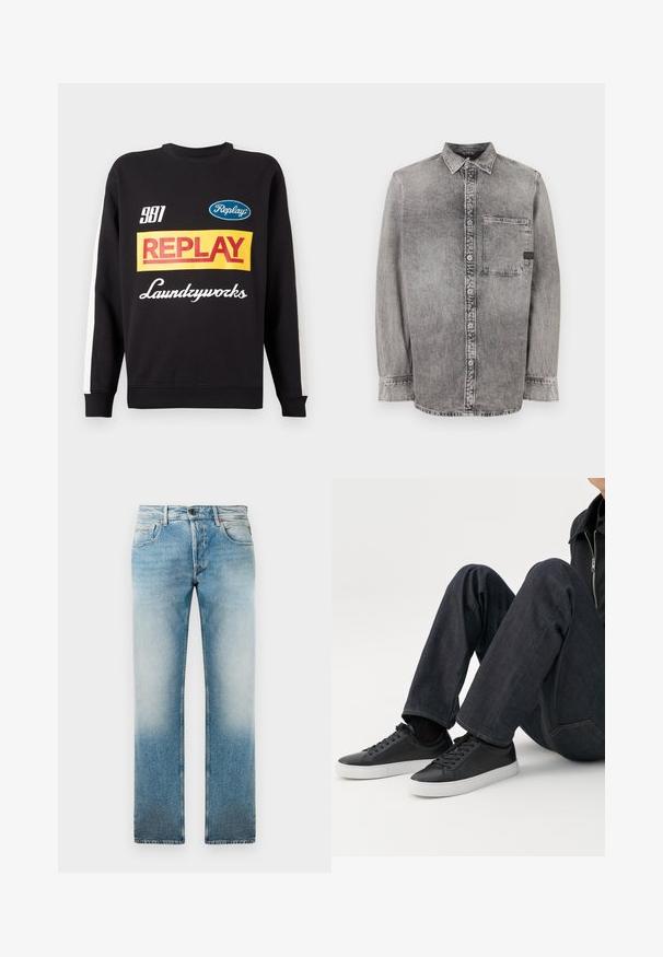 Zwarte crewneck sweatshirt met witte strepen op de mouwen, voorzien van kleurrijke "Replay" en "Laundryworks" tekstlogo's aan de voorkant.; Grijze denim knopsluiting overhemd, lange mouwen, stof van gemiddelde dikte, enkele borstzak, vervaagde afwerking met contrasterende knopen, klassieke kraag.; Lichtblauwe denim jeans met een rechte pijp, gekenmerkt door een vervaagde wassing, vijf zakken en een knoopsluiting bij de taille.; Persoon zittend met gebogen benen, draagt donkerblauwe spijkerbroek en zwarte lage sneakers met witte zolen op een witte achtergrond.
