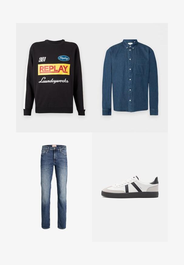 Schwarzer Rundhalspullover mit weißen Streifen an den Ärmeln, auf der Vorderseite mit mehrfarbigen "Replay"- und "Laundryworks"-Textlogos versehen.; Knopfbares dunkelblaues Denim-Hemd mit langen Ärmeln, einer Brusttasche links und einem Button-Down-Kragen, dargestellt vor weißem Hintergrund.; Gerade geschnittene blaue Jeans mit leichter Ausbleichung an Oberschenkeln und Knien, Frontknopf- und Reißverschluss, sowie Fünf-Taschen-Design.; Weiße Sneaker mit schwarz- und grau-aczenten, ausgestattet mit einer strukturierten grauen Zehenkappe, schwarzer Gummi-Sohle und flachen weißen Schnürsenkeln. Sauberes Design, minimalistische Stil.