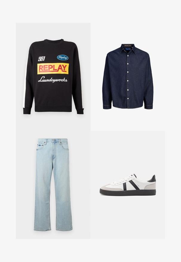 Musternud mustri sweat-pullover must sisaldab valgeid triibusid varrukatel, ees on mitmevärviline "Replay" ja "Laundryworks" tekstilogo.; Tume sinine denimipait, nupuga ette, pikkade varrukatega ja klassikalise kraega, valgete nuppudega ning kontrastse õmblusega.; Hele sinine denim teksad, millel on lahtine ja lai jalg. Omab viit taskut, vöökohti ja lukuga pihakuulidega.; Valged tossud mustade ja hallide aktsentidega, tekstureeritud halli varbakattega, musta kummitald ja lamedad valged paelad. Puhtad jooned, minimalistlik stiil.